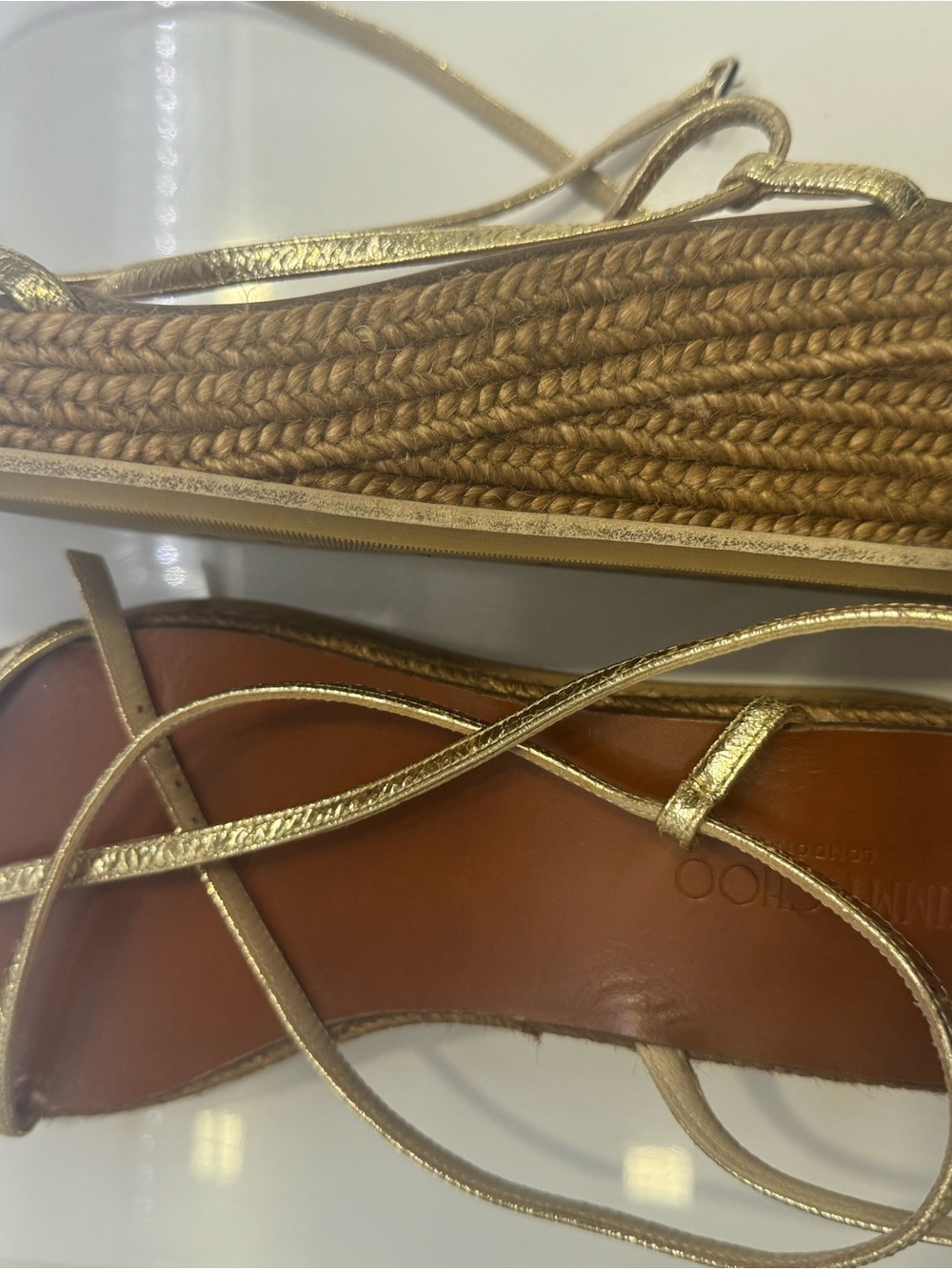 Jimmy Choo Metallic Gold Leather and Tan Woven Espadrille Sandals
